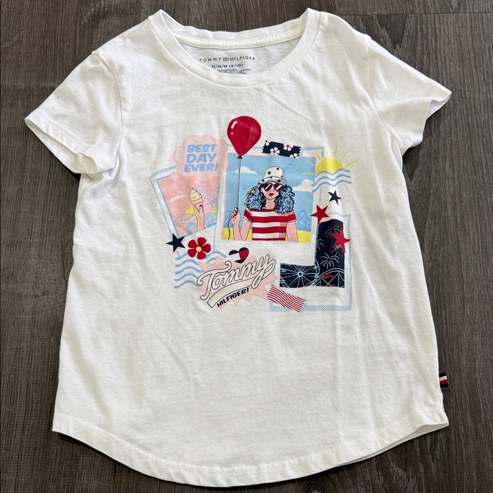 Tommy Hilfiger Kids White Graphic Tee with Red and Blue Accents